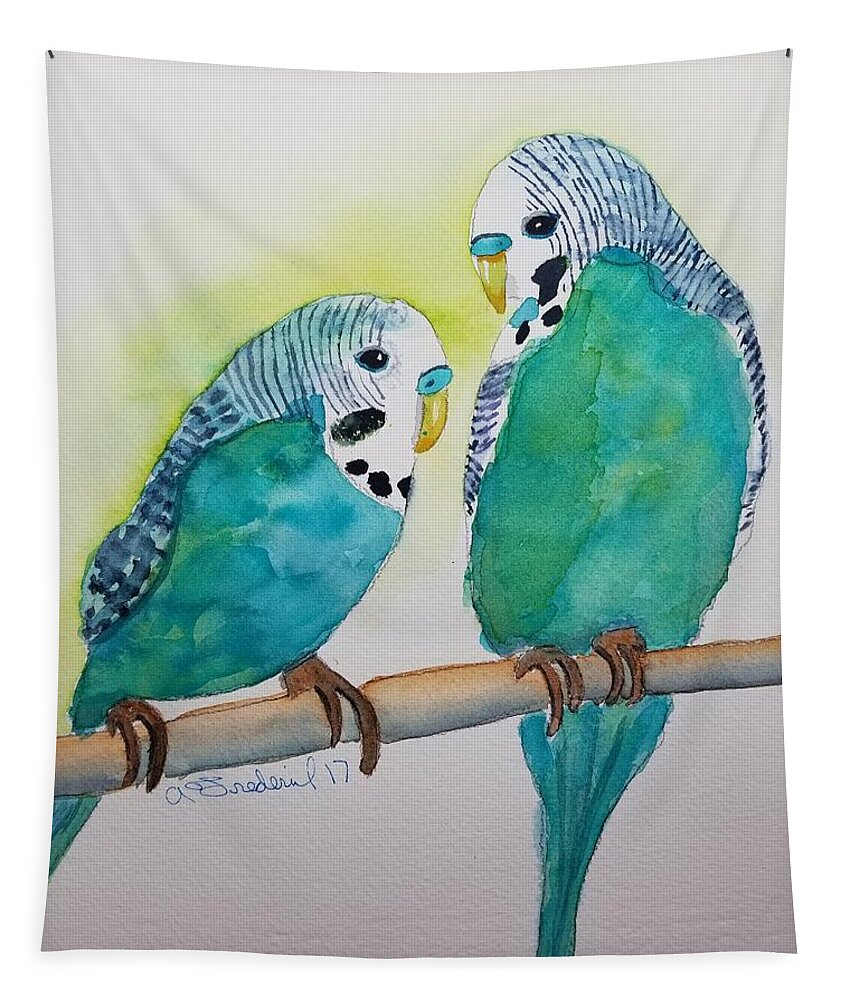 Parakeets Tapestry featuring the painting Two Purty Birdies by Ann Frederick
