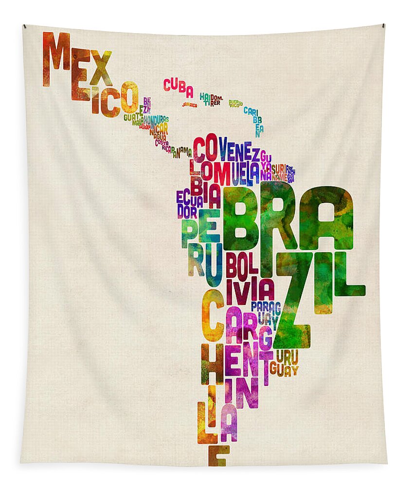 South America Map Tapestry featuring the digital art Typography Map of Latin America, Mexico, Central and South America by Michael Tompsett