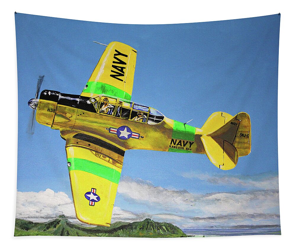 Airplane Tapestry featuring the painting U S Navy S N J 6- Kaneohe Bay by Karl Wagner