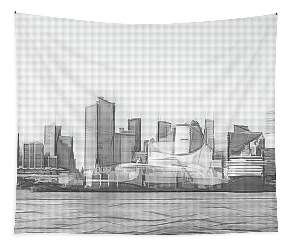 Canada Tapestry featuring the digital art Vancouver Cruise Ship Port and Financial District Digital Sketch by Rick Deacon