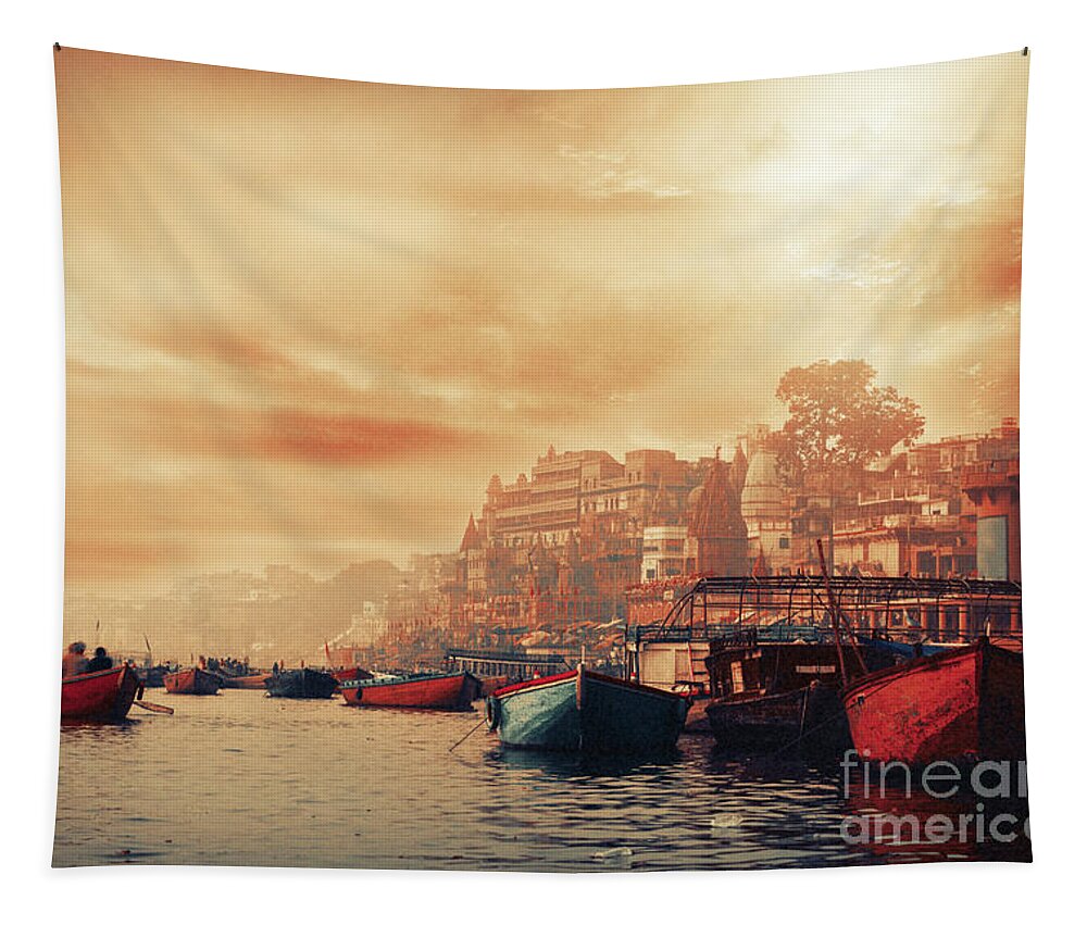 Varanasi Tapestry featuring the photograph Varanasi - Ganges river at sunrise by Stella Levi