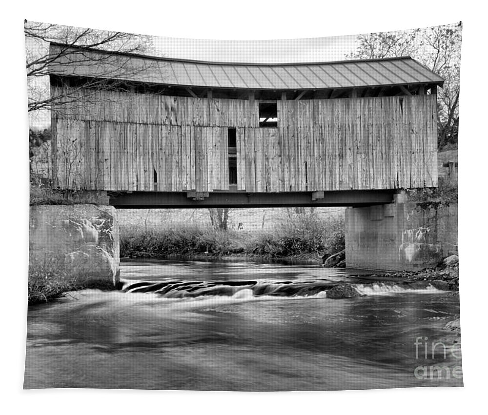 Scribner Covered Bridge Tapestry featuring the photograph Vermont Mudgett Covered Bridge Black And White by Adam Jewell