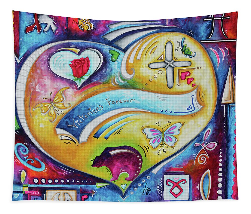 Heart Tapestry featuring the painting Victorious Forever an original Custom Heart Tribute Painting for a Collector by Megan Aroon