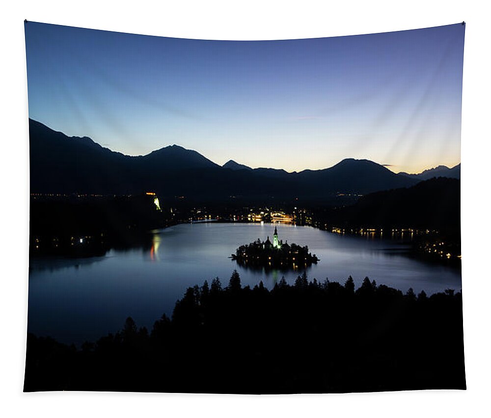 Bled Tapestry featuring the photograph View of Lake Bled from Ojstrica at dawn by Ian Middleton