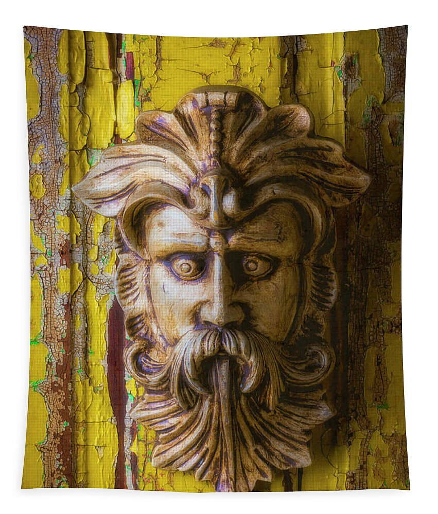 Viking Tapestry featuring the photograph Viking Mask On Old Door by Garry Gay