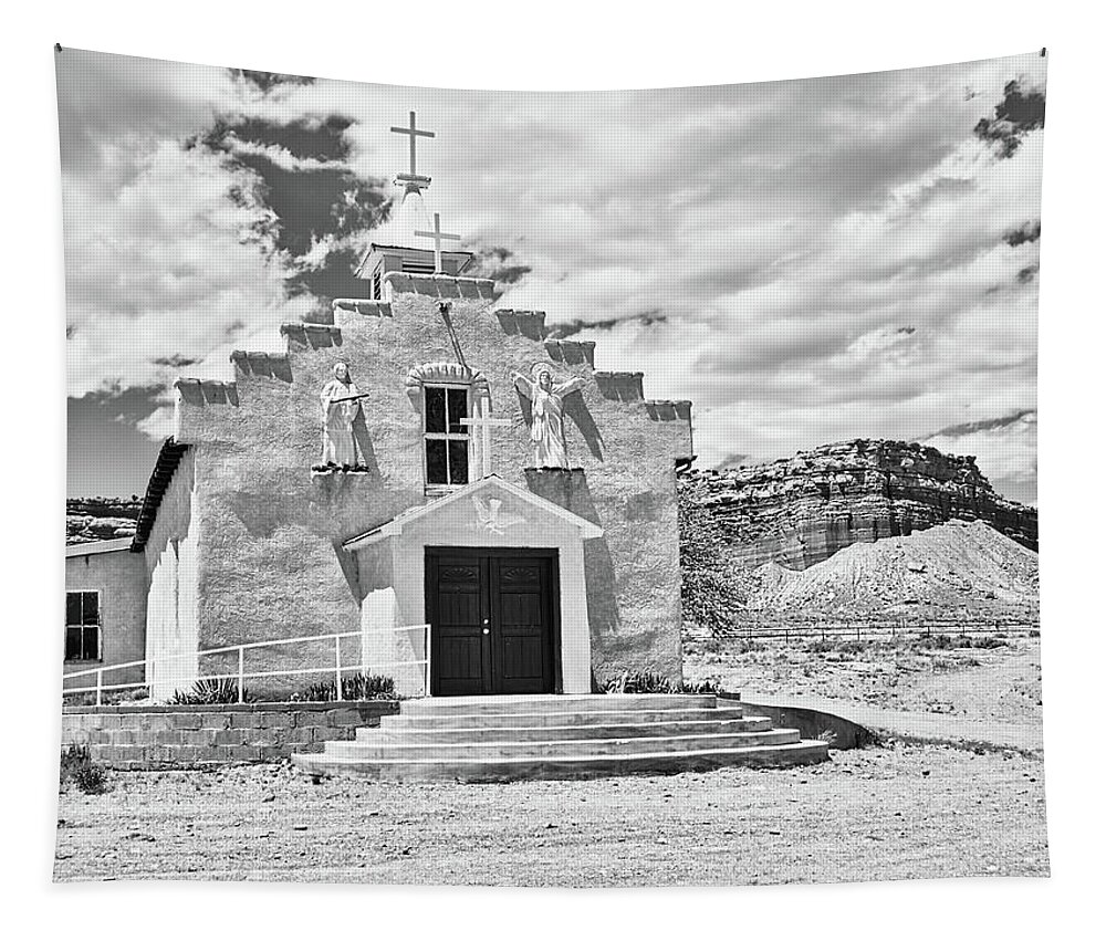 Cabezon Tapestry featuring the photograph Village church 1, New Mexico, BW by Segura Shaw Photography