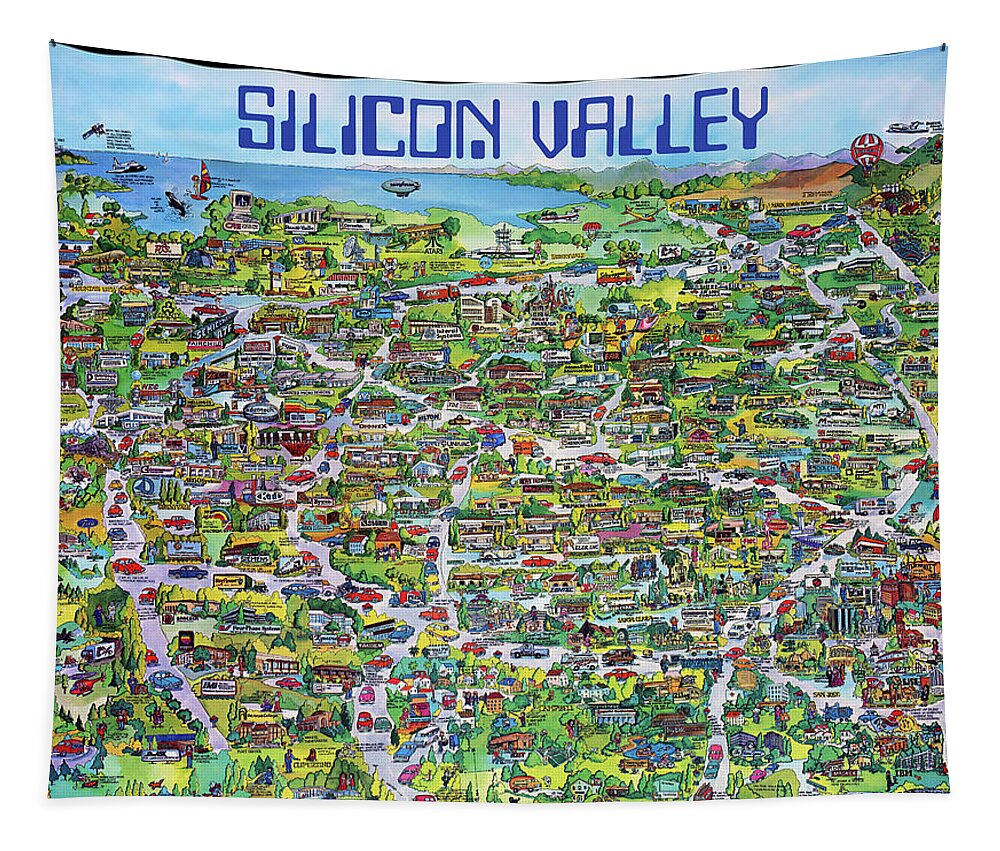 Silicon Valley Tapestry featuring the mixed media Vintage 1982 Silicon Valley USA Poster Print, Shows Many Historic Companies and Places by Kathy Anselmo