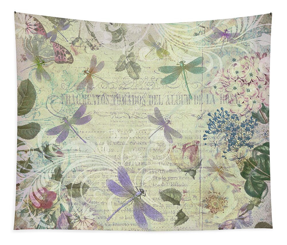 Vintage Tapestry featuring the drawing Vintage Romantic Botanical with Dragonflies by Peggy Collins
