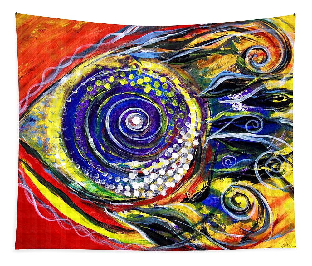 Fish Tapestry featuring the painting Violet Fish on Red and Yellow by J Vincent Scarpace