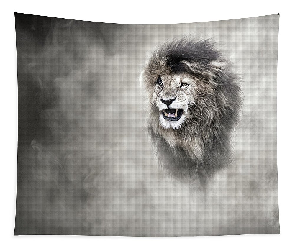 Lion Tapestry featuring the photograph Vulnerable African Lion In The Dust by Good Focused