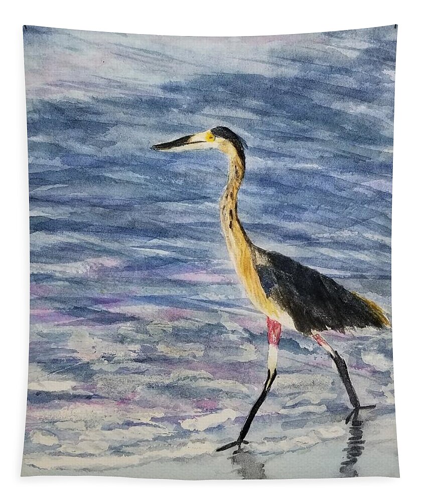Herons Tapestry featuring the painting Walk on the beach by Ann Frederick