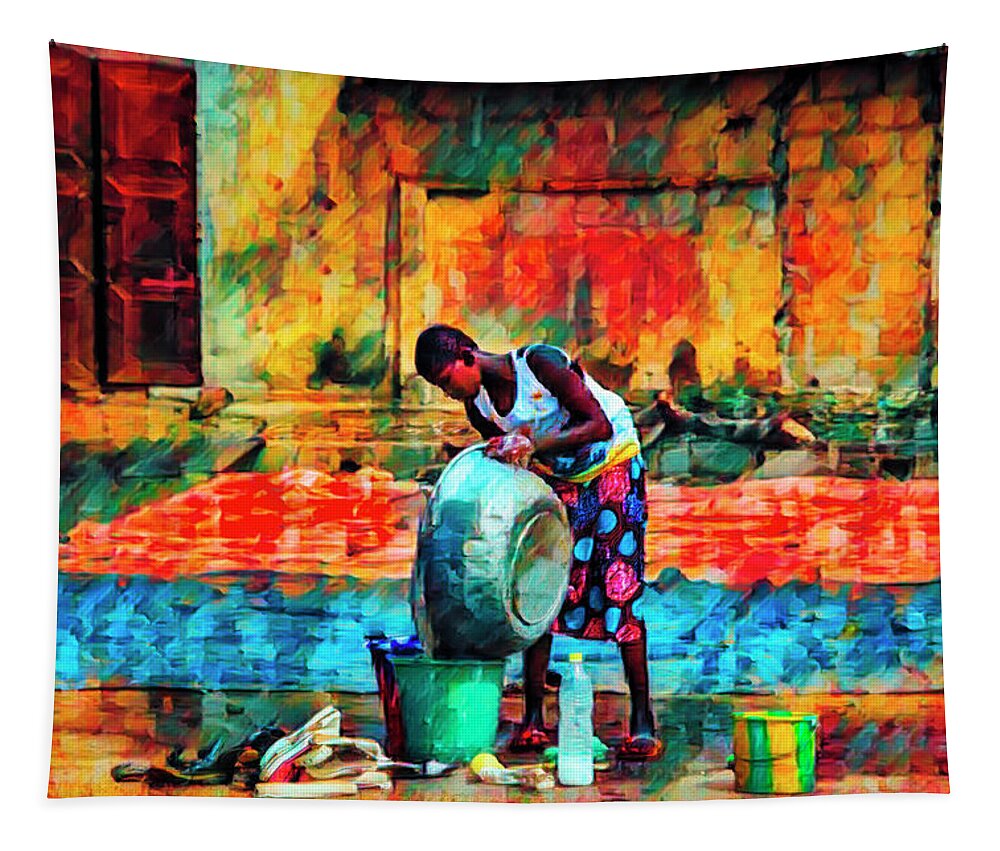 African Tapestry featuring the photograph Wash Day African Art by Debra and Dave Vanderlaan