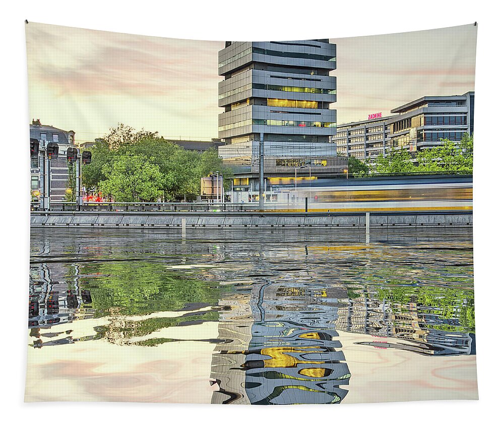 Architecture Tapestry featuring the digital art Water Reflection Akragon Rotterdam by Frans Blok