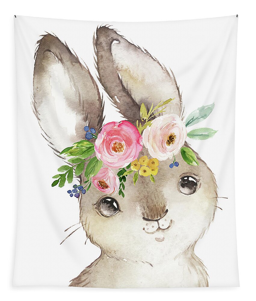 Bunny Tapestry featuring the digital art Watercolor Boho Bunny Rabbit Art Print by Pink Forest Cafe