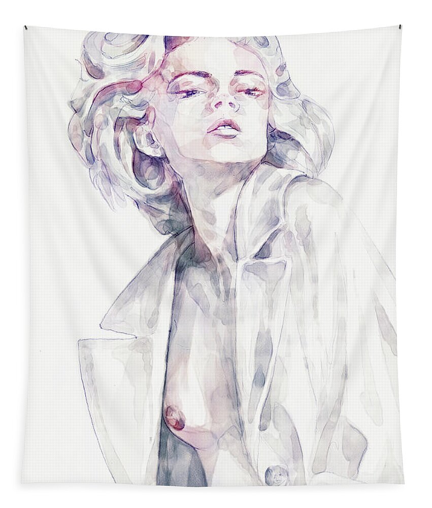 54ka Tapestry featuring the painting Watercolor Girl Portrait Drawing by Dimitar Hristov