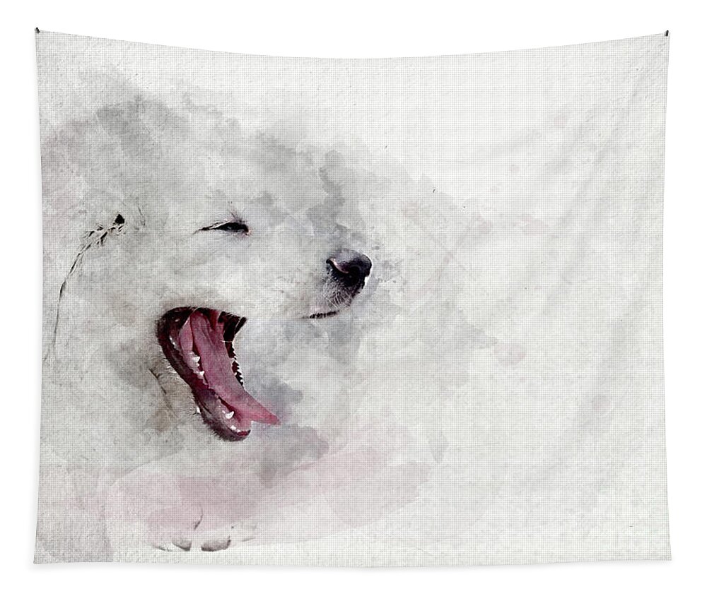 Puppy Tapestry featuring the photograph Watercolor image of white puppy dog yawning. by Michal Bednarek