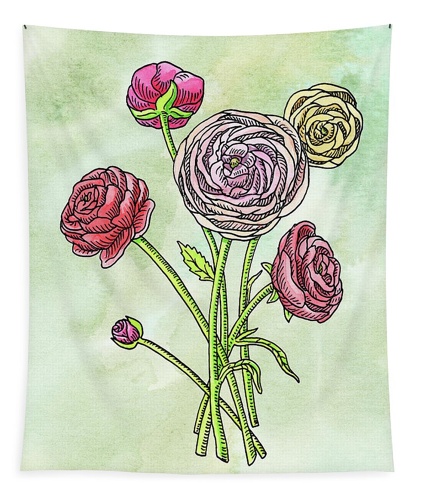 Ranunculus Tapestry featuring the painting Watercolor Ranunculus Botanical Flowers by Irina Sztukowski