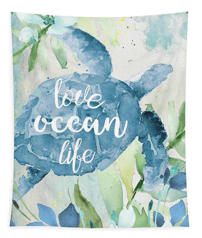 Watercolor Tapestry featuring the painting Watercolor Sea Turtle Love Ocean Life by Lanie Loreth