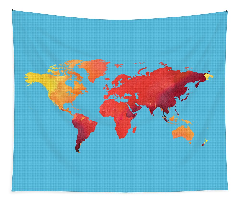 Red Tapestry featuring the painting Watercolor Silhouette World Map Colorful PNG IX by Irina Sztukowski