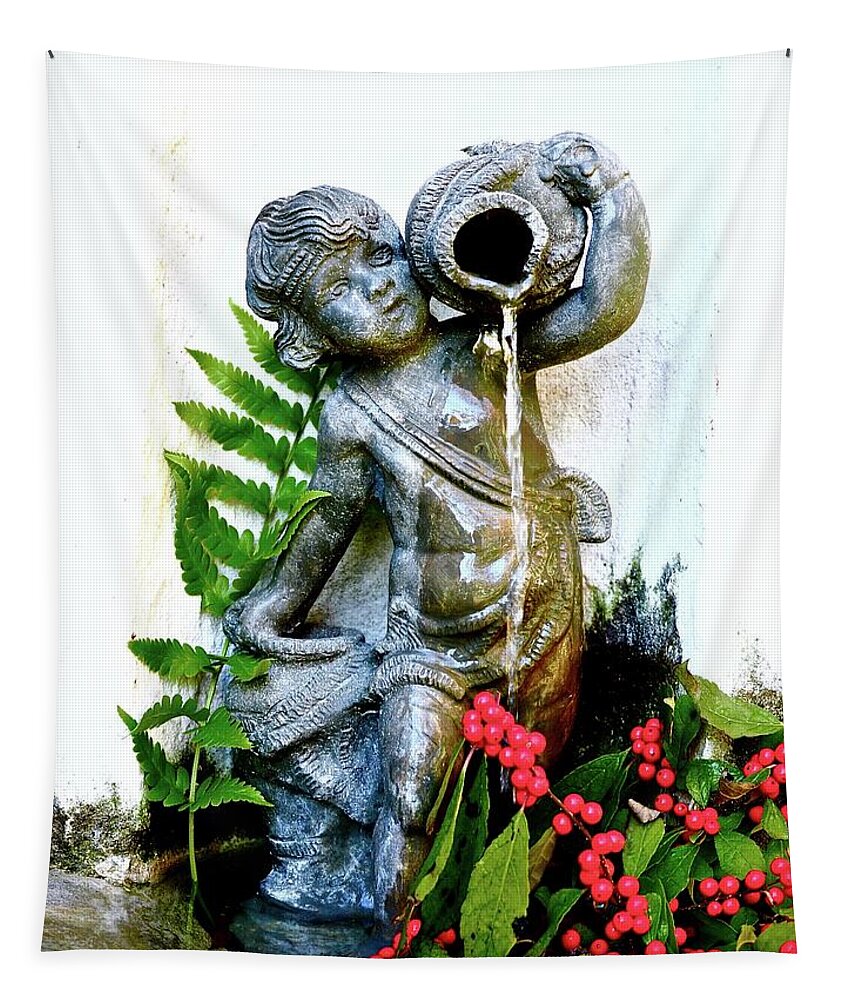 Statue Tapestry featuring the photograph Watering His Berries by Alida M Haslett