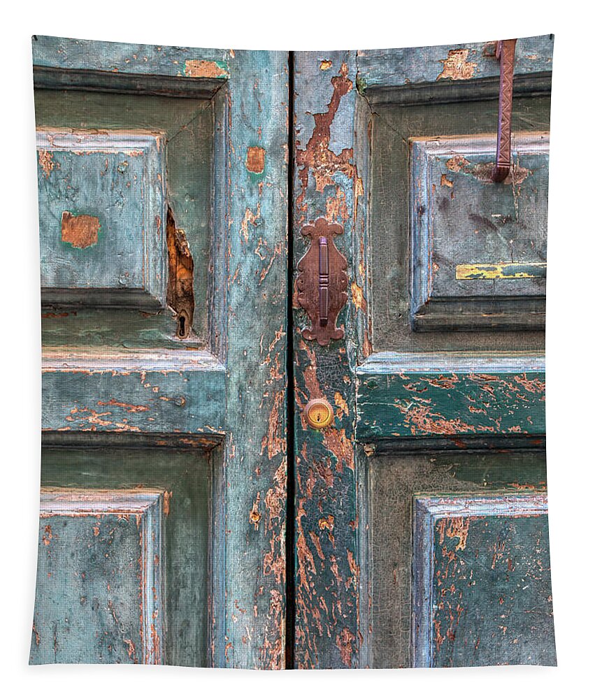 Cortona Tapestry featuring the photograph Weathered Rustic Green Door of Cortona by David Letts