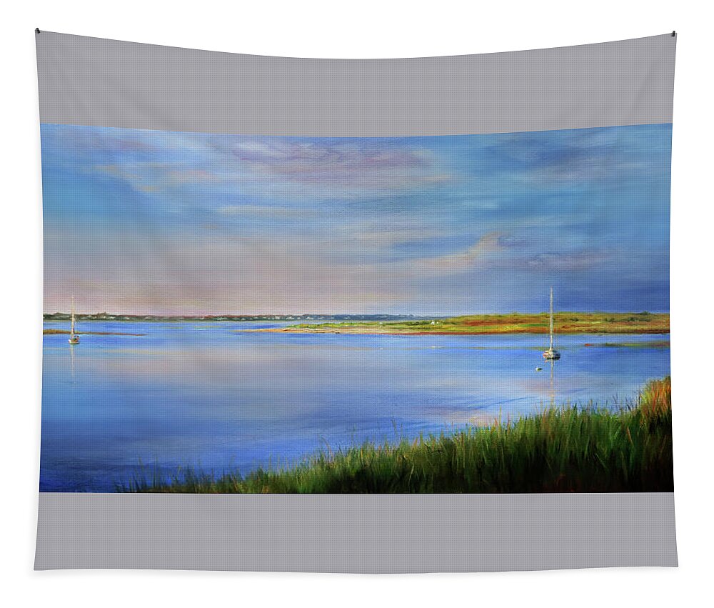 Cape Cod Tapestry featuring the painting West Bay Landing, Osterville, late afternoon by Jonathan Gladding