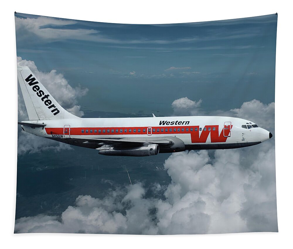 Western Airlines Tapestry featuring the mixed media Western Airlines Boeing 737-247 by Erik Simonsen