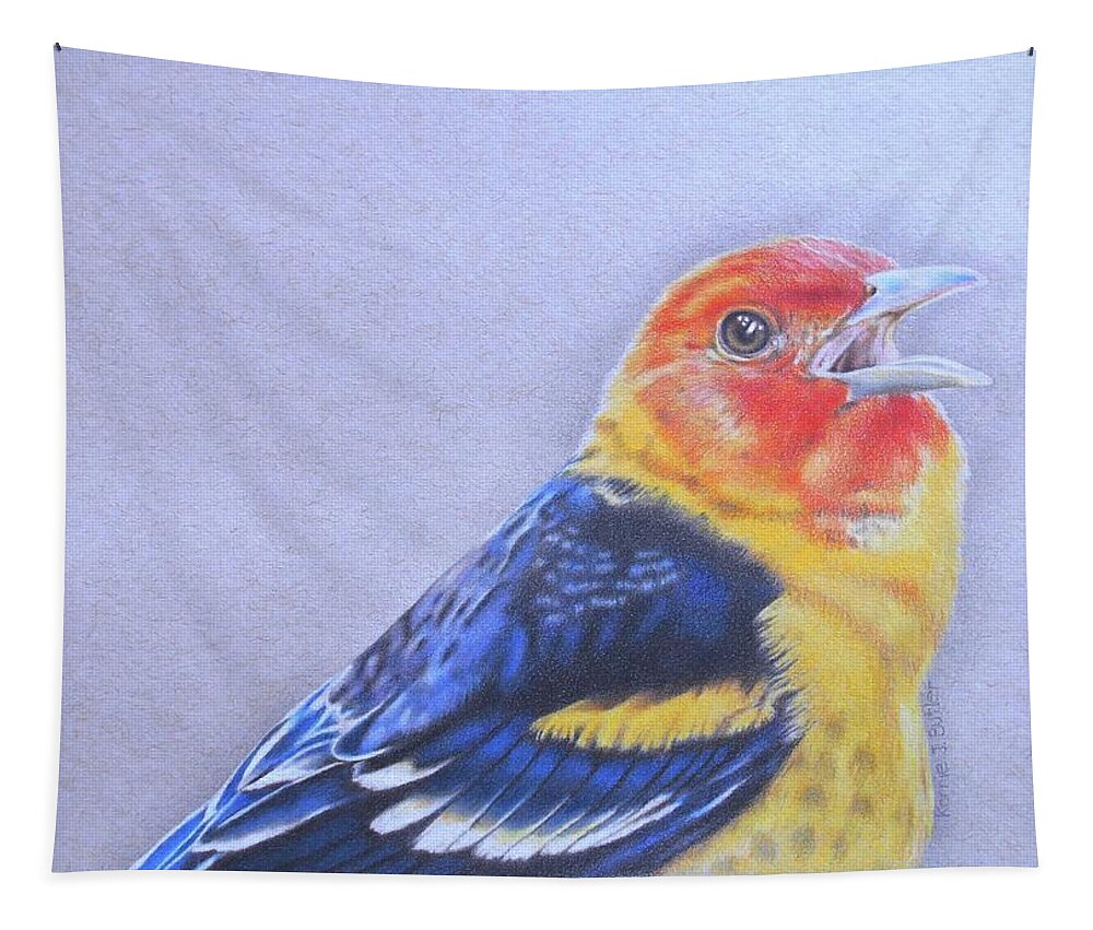 Western Tanager Tapestry featuring the drawing Western Tanager - Male by Karrie J Butler