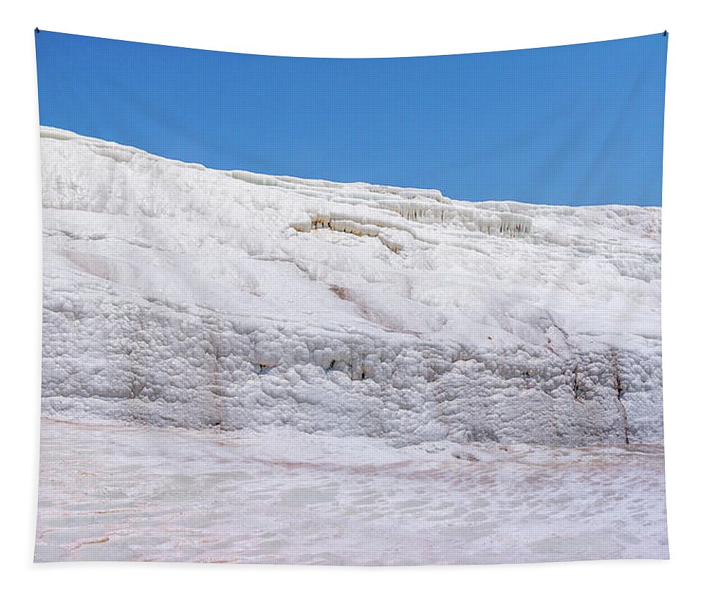 Turkey Tapestry featuring the photograph Wet white limestone formations in Pamukkale by Sun Travels