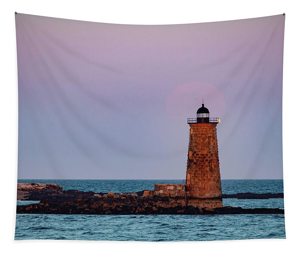 Whaleback Lighthouse Tapestry featuring the photograph Whaleback Lighthouse Full moon Rising by Jeff Folger
