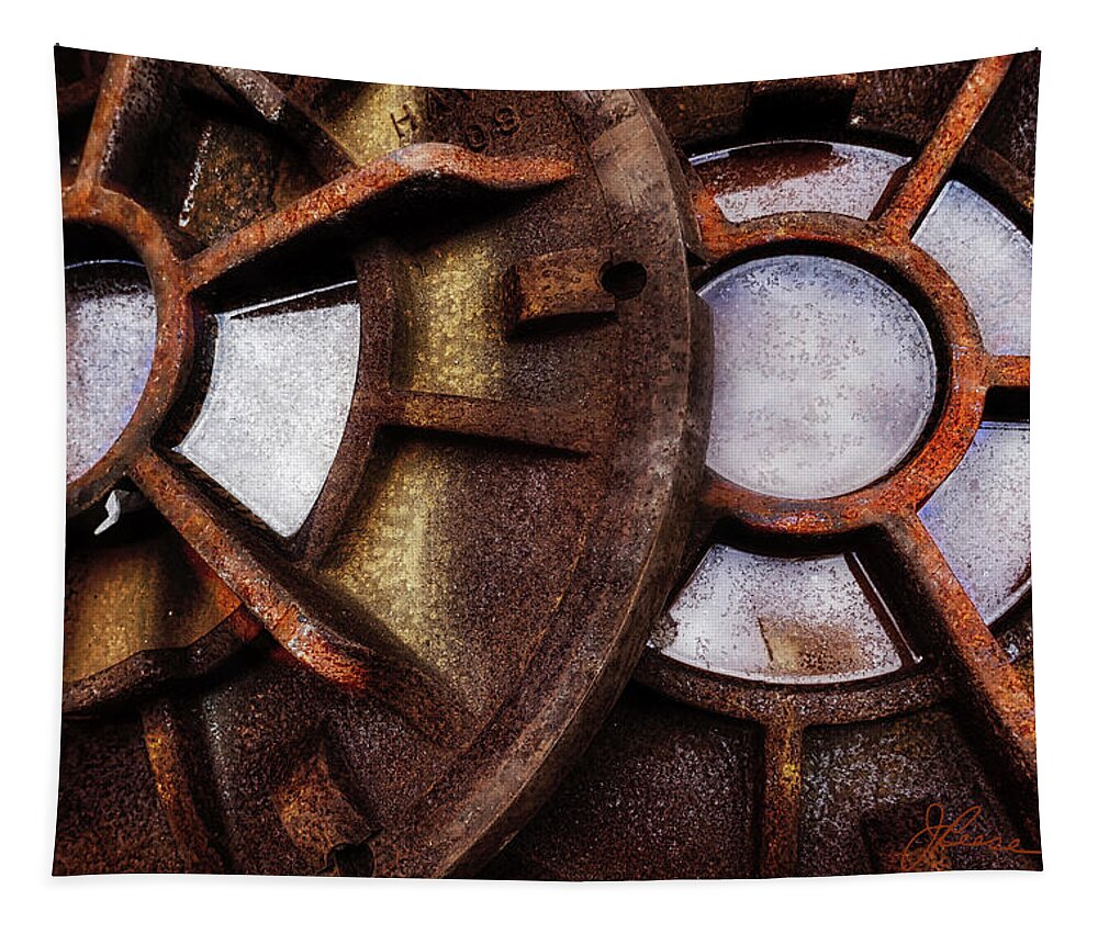Photograph Of Rusted Wheels Tapestry featuring the digital art Wheels of History by Joan Reese