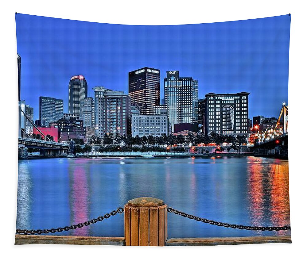 Pittsburgh Tapestry featuring the photograph When Evening Falls in Pittsburgh by Frozen in Time Fine Art Photography