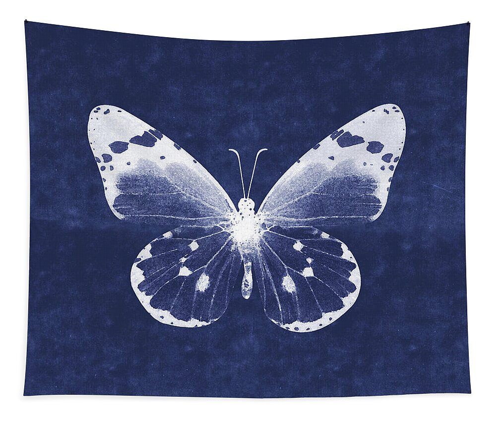 Butterfly Tapestry featuring the mixed media White and Indigo Butterfly 1- Art by Linda Woods by Linda Woods