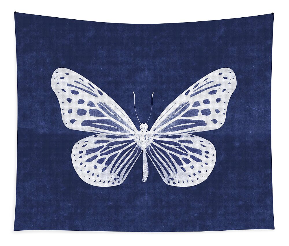 Butterfly Tapestry featuring the mixed media White and Indigo Butterfly- Art by Linda Woods by Linda Woods