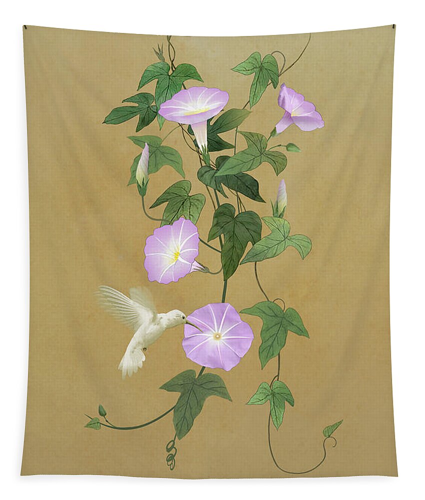 Bird Tapestry featuring the digital art White Hummingbird and Morning Glory Vine by M Spadecaller