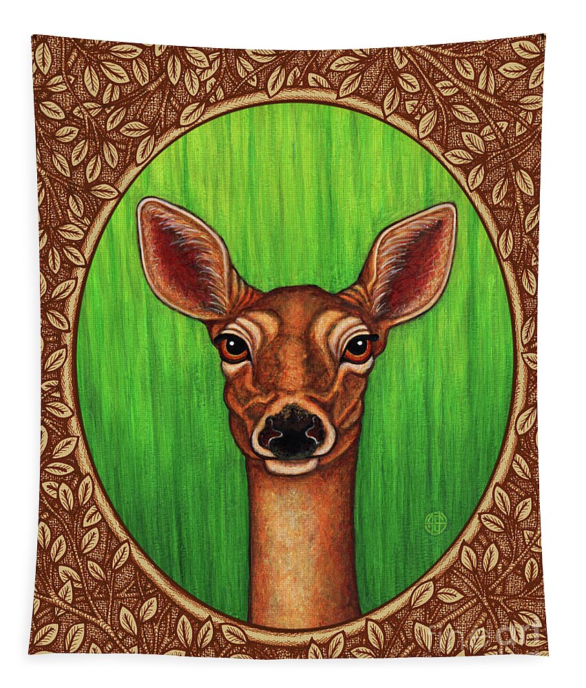 Animal Portrait Tapestry featuring the painting White Tailed Doe Portrait - Brown Border by Amy E Fraser