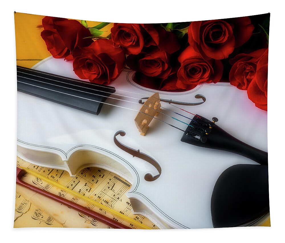 Violin; White; Violins; Horizontal; Still Life; Mood; Moody; Bright; Distinctive; Beauty; Beautiful; Close Up; Detail; Details; Color; Serenity; Music; Instrument; Instruments; Musical; Strings; Concert; Jazz; Country; Play; Stringed; Classical; Concerts; Romance; Romantic; Fine Art Photography; Photo; Image; Images; Fiddle; Blues; Whites; Vivid; Graphic; Garry Gay; Black; Red; Rose; Roses; Flower; Flowers; Petals; Wet; Dew; Dewy; Water; Drop; Drops Tapestry featuring the photograph White Violin Still life by Garry Gay