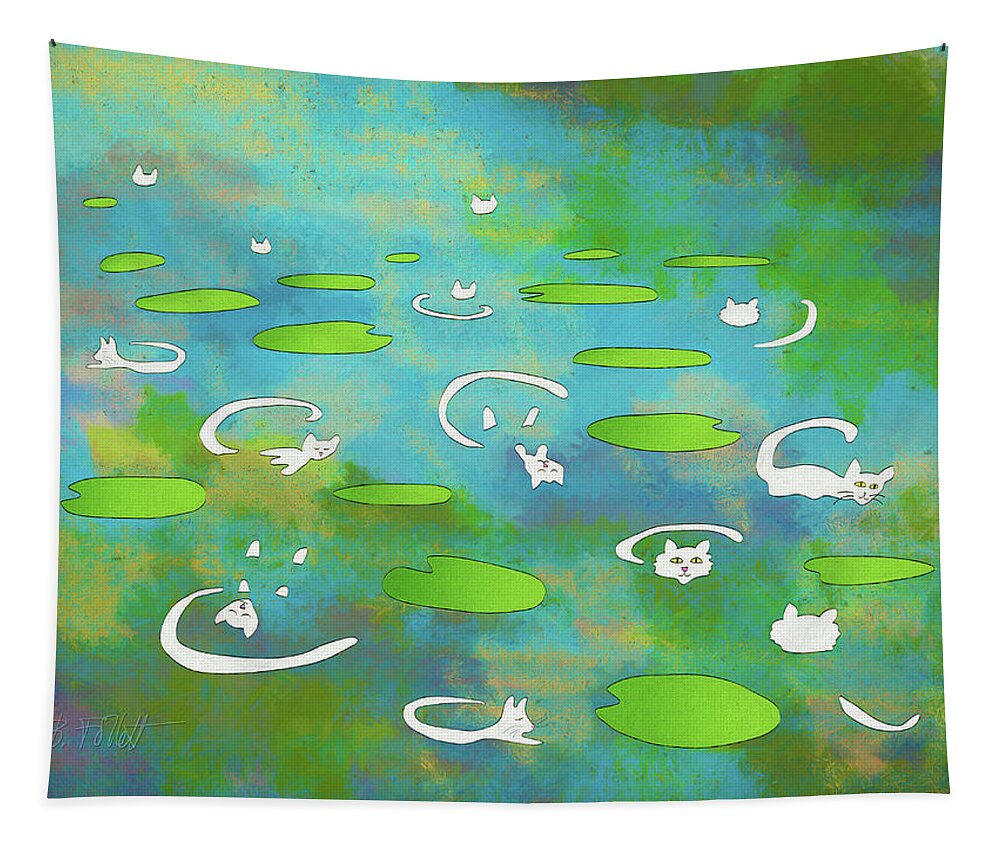Cat Tapestry featuring the digital art White Water Lily Cats on Pond by Bonnie Follett