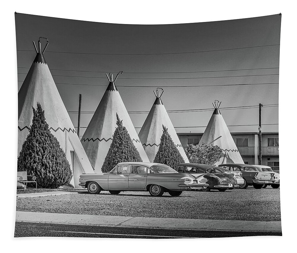 Holbrook Tapestry featuring the photograph Wigwam Motel Park BW by Micah Offman