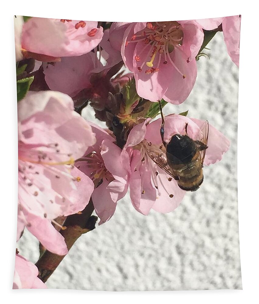 Wild Tapestry featuring the painting Wild bee on an apple blossom by Patricia Piotrak
