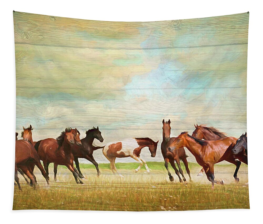 Fall Tapestry featuring the digital art Wild Horses Painting in Wood Textures by Debra and Dave Vanderlaan