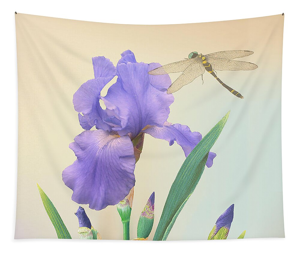 Flower Tapestry featuring the digital art Wild Iris and Dragonfly by M Spadecaller