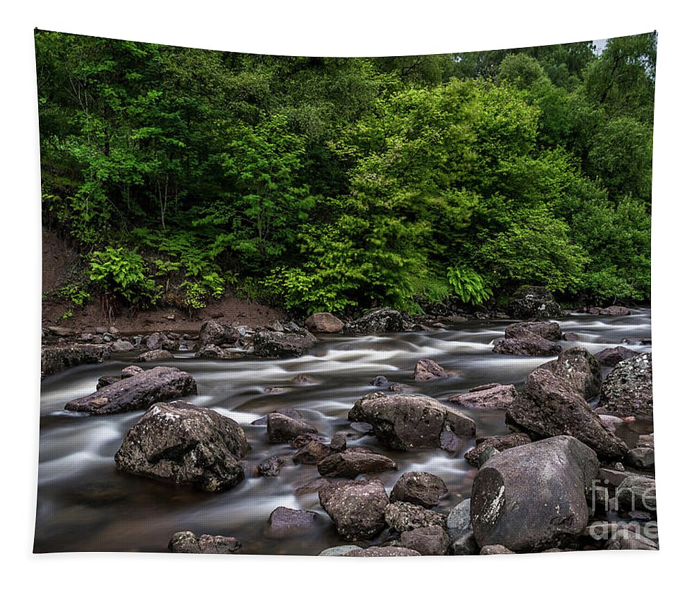 Background Tapestry featuring the photograph Wild Mountain River Streaming Through Green Forest in Scotland by Andreas Berthold