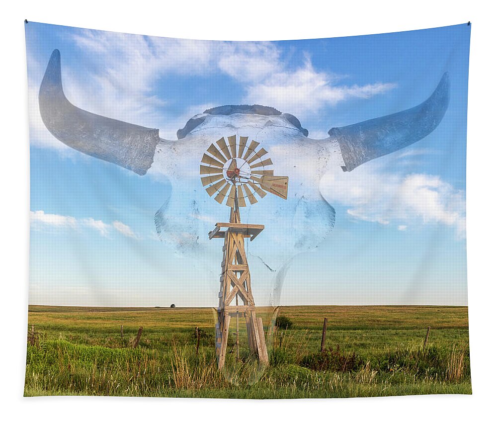 Kansas Tapestry featuring the photograph Windmill and Bison 003 by Rob Graham