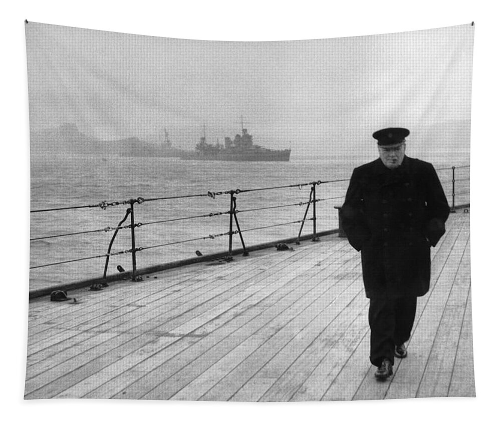 Winston Churchill Tapestry featuring the photograph Winston Churchill At Sea by War Is Hell Store