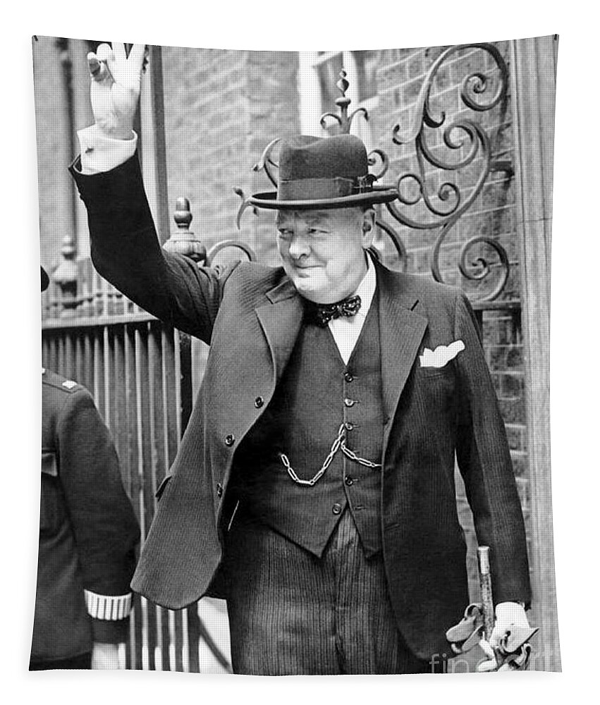 Churchill Tapestry featuring the photograph Winston Churchill showing the v sign by English School