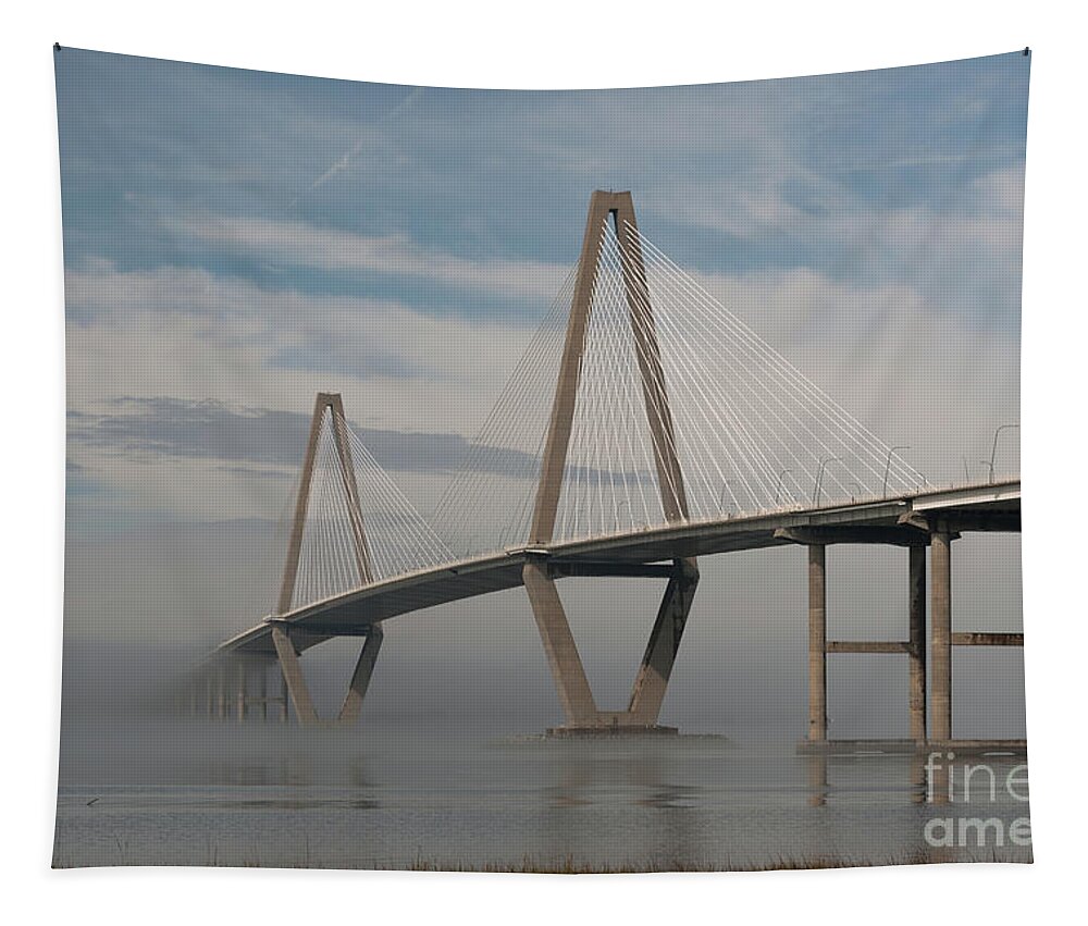 Fog Tapestry featuring the photograph Winter Fog - Cooper River Bridge in Charleston South Carolina by Dale Powell