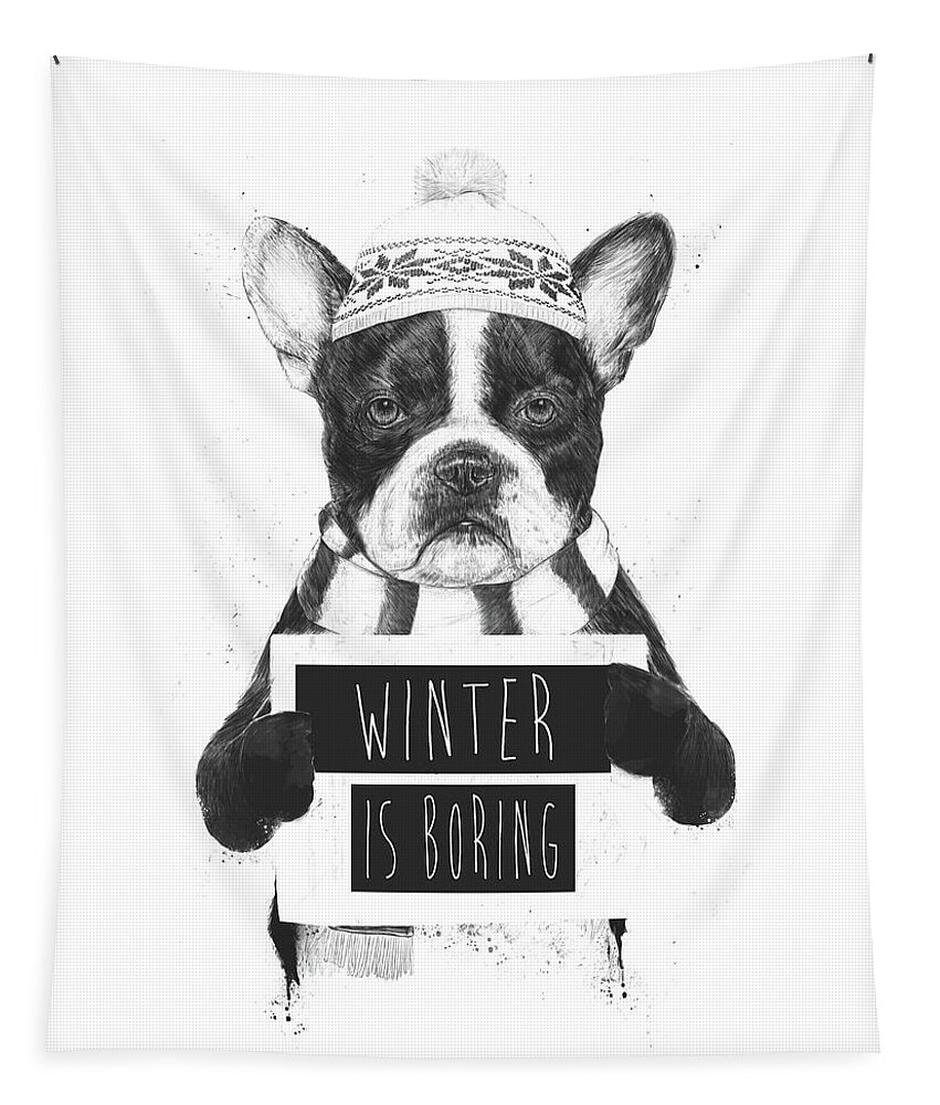 Bulldog Tapestry featuring the mixed media Winter is boring by Balazs Solti
