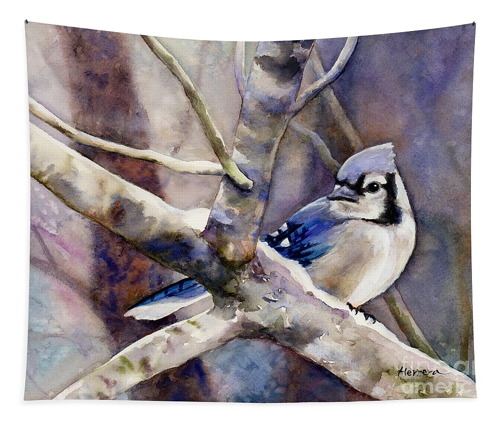 Blue Jay Tapestry featuring the painting Winter Jay by Hailey E Herrera