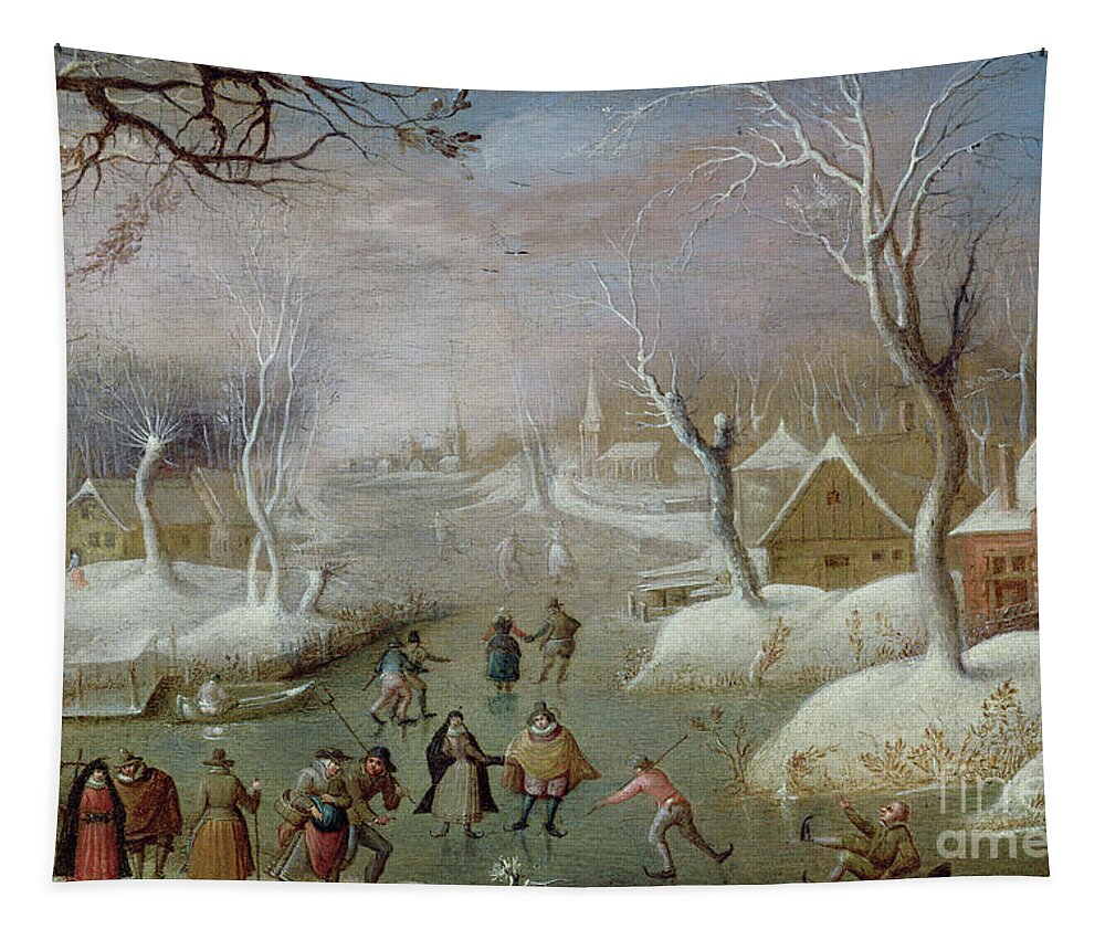 Berghe Tapestry featuring the painting Winter Landscape with Skaters, 17th century by Christoffel van den Berghe